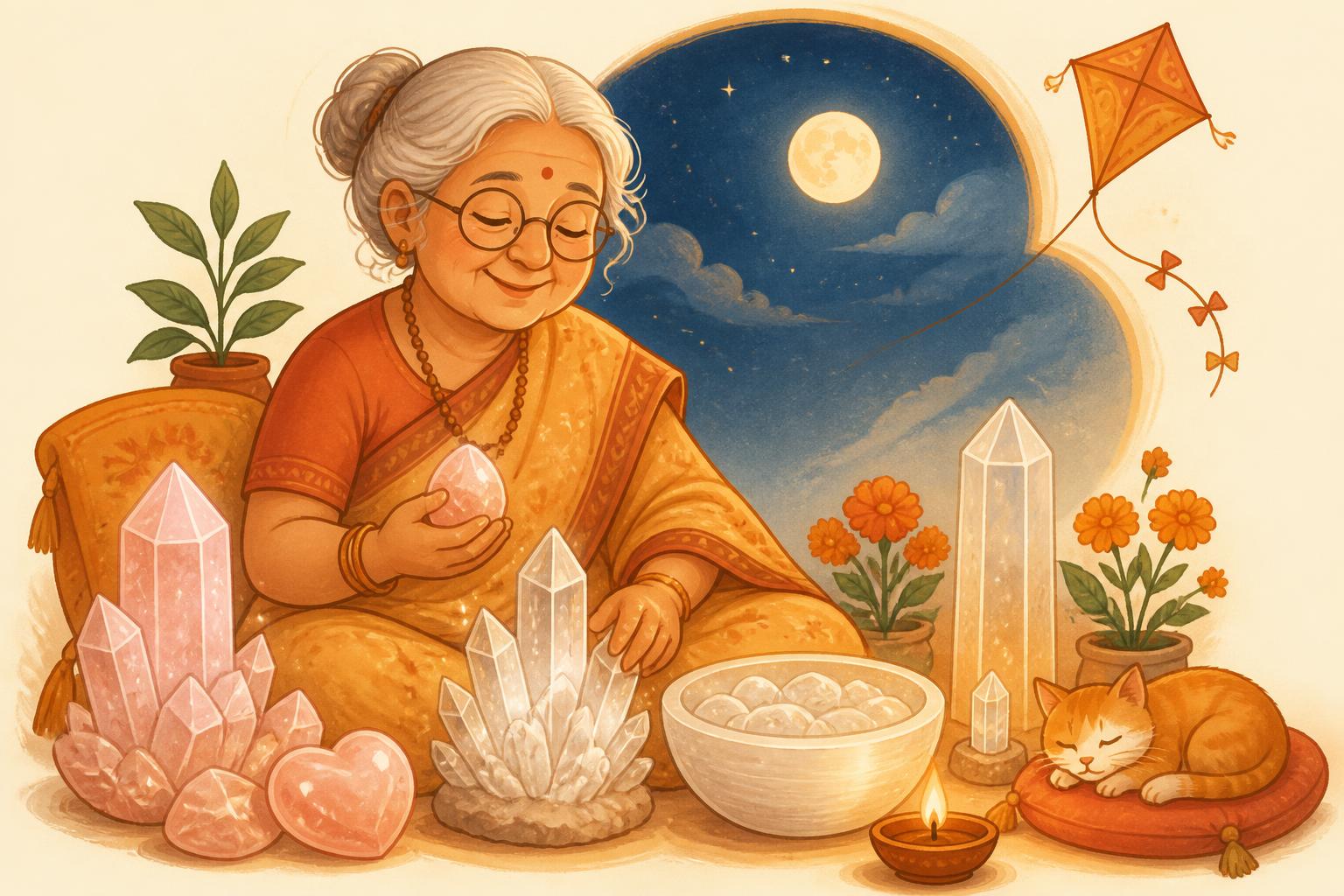Dadi sitting with glowing crystals under the moonlight